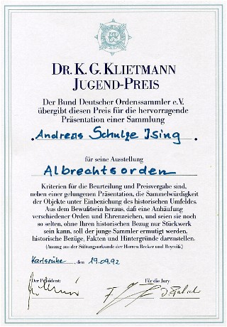 Dr.K.G.Klietmann Amateur Prize for an exhibition on the Saxon Order of Albert 1992